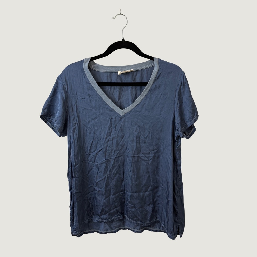 Nation LTD V-Neck T-Shirt Blue Viscose Large Minimalist Effortless Layering